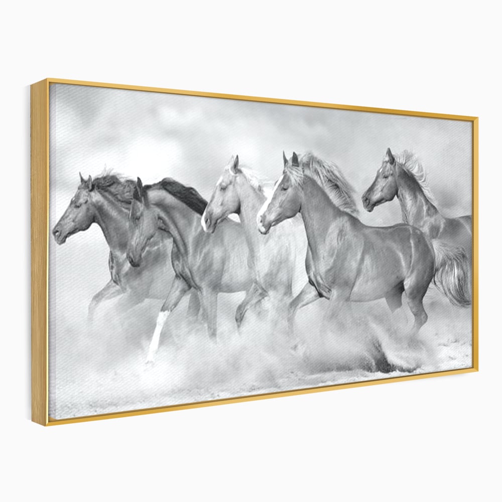 Tablou canvas cu tablou canvas cu cai in galop, in rama de aluminiu auriu